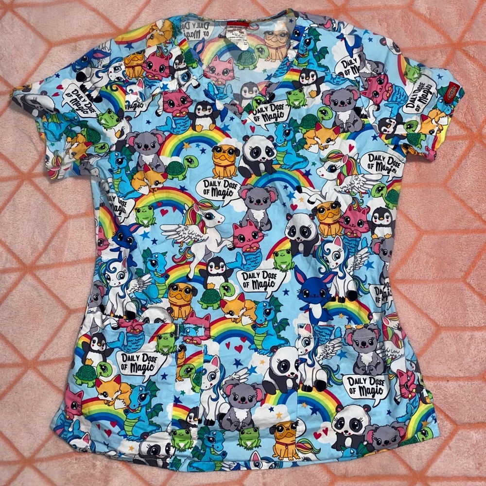 Dickies Women’s Form Flattering V-Neck Panda Unicorn Rainbow Scrub Top